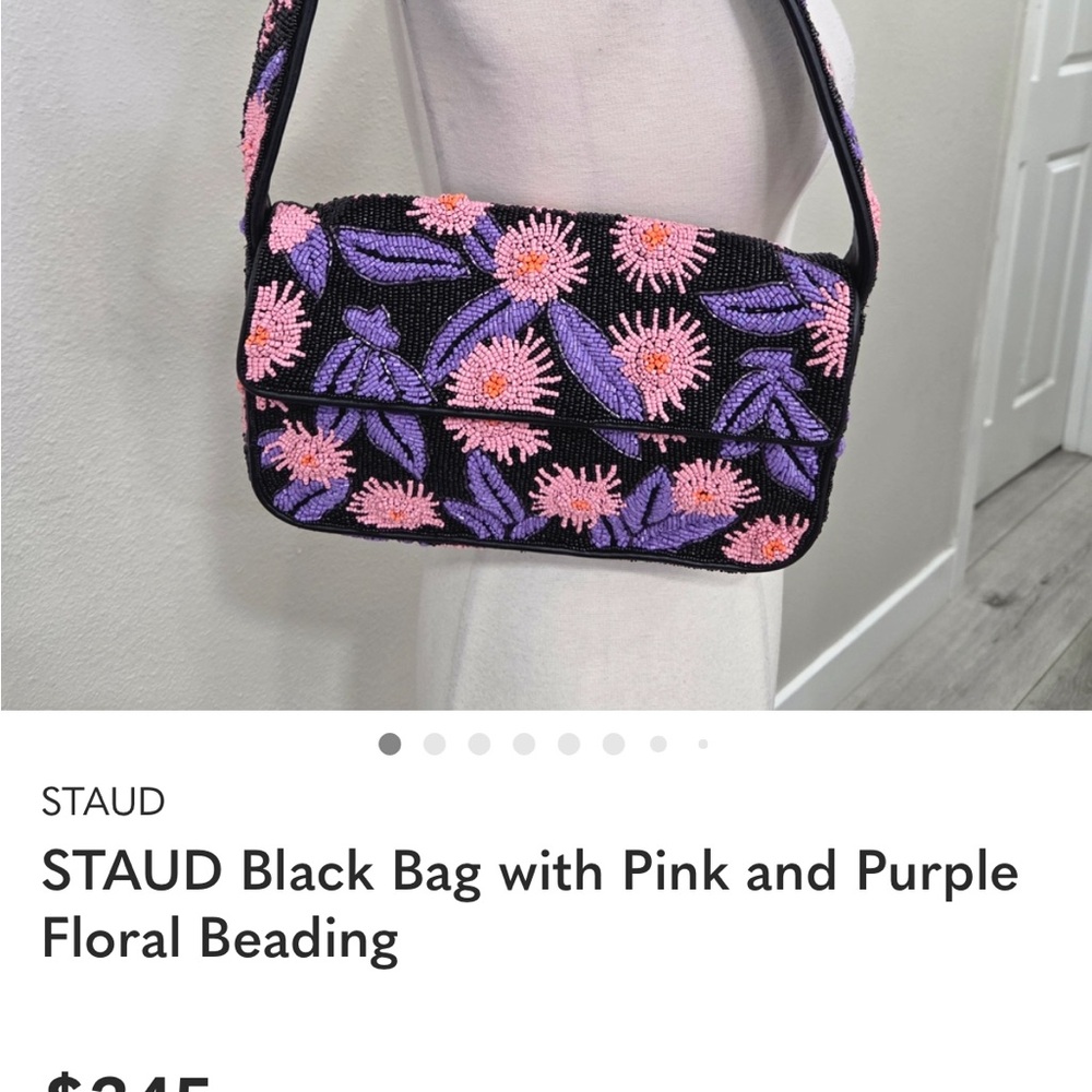 STAUD Black Shoulder Bag with Pink and Purple Floral Design